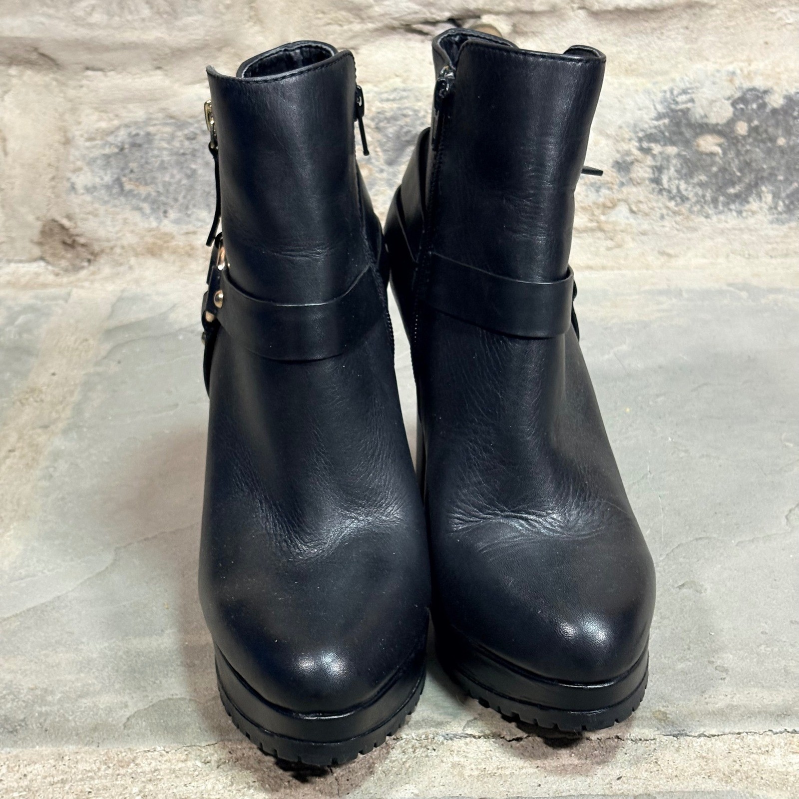 Gianni Bini Molle Womens Black Leather Harness Platform Ankle Boots Heels 9.5M