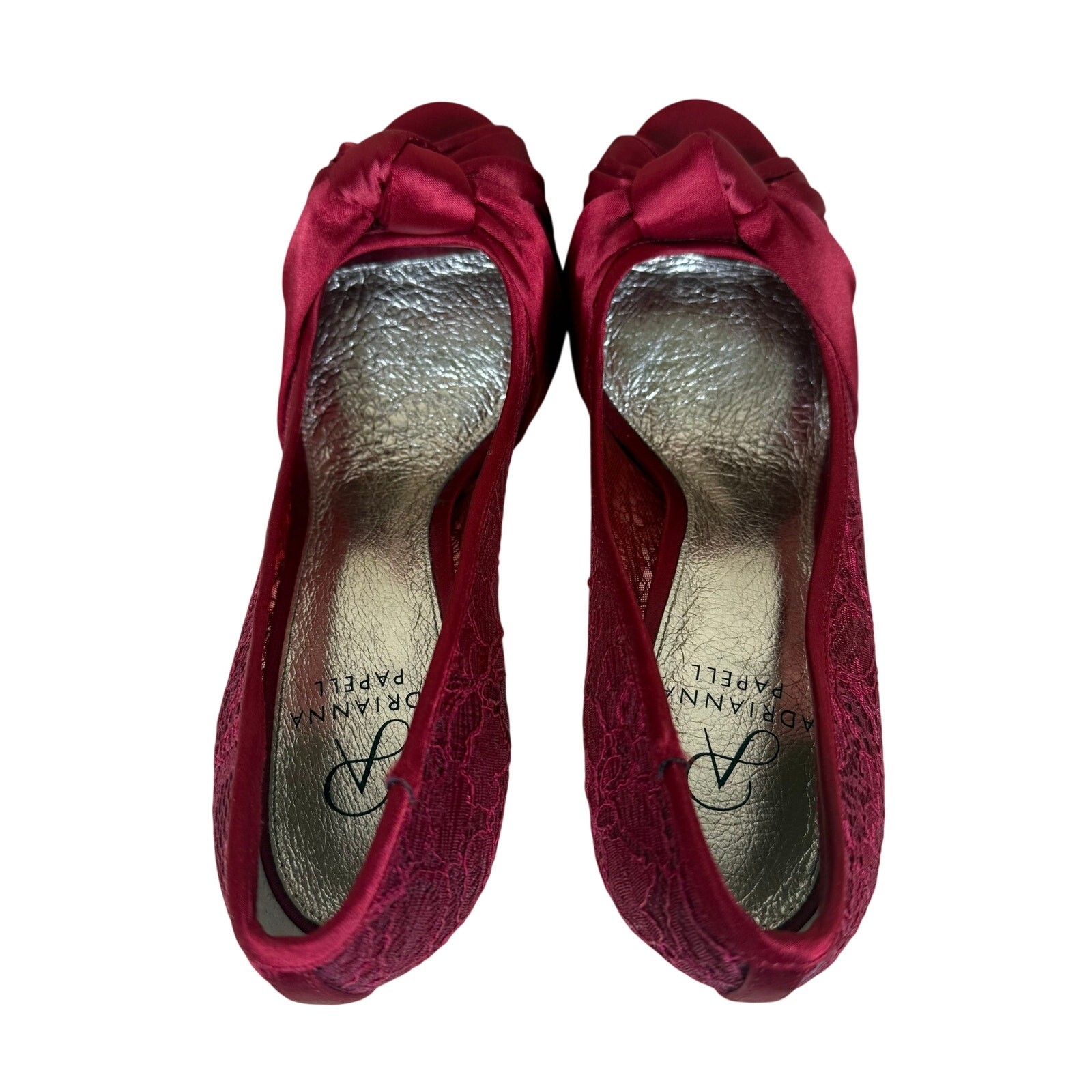 Adrianna Papell Heels Women’s 8 Red Satin Lace Peep Toe Leather Sock Stiletto