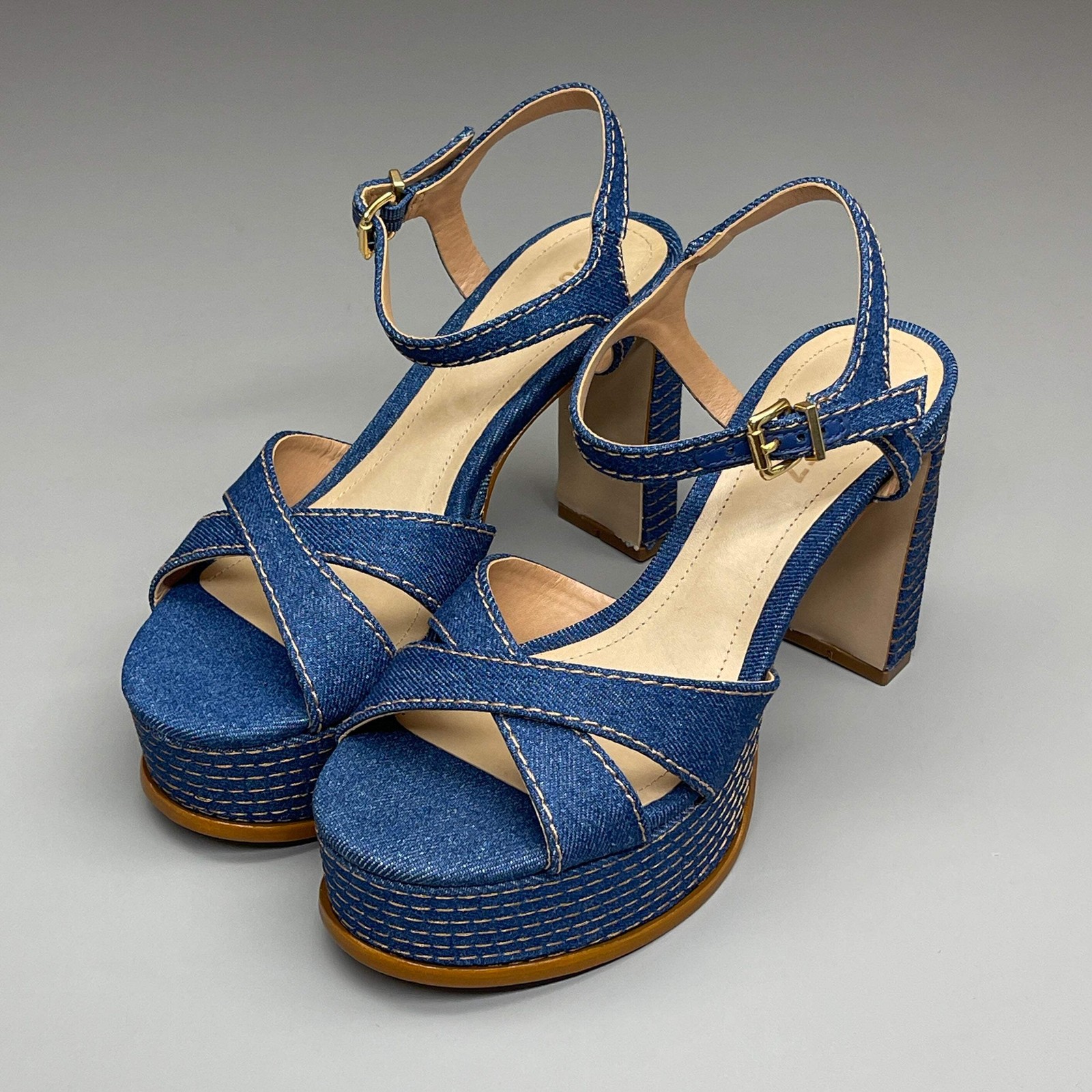 SCHUTZ Keefa Casual Denim Women’s 4″ Heeled Sandal Platform Blue Sz 8.5B (New)
