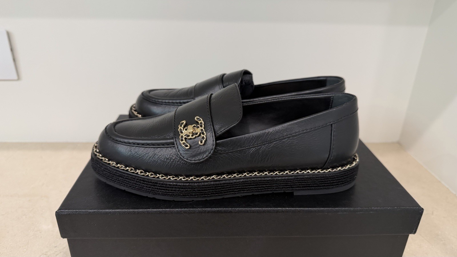 CHANEL Loafers In Black leather W/ Gold Chain Accents; Size 36