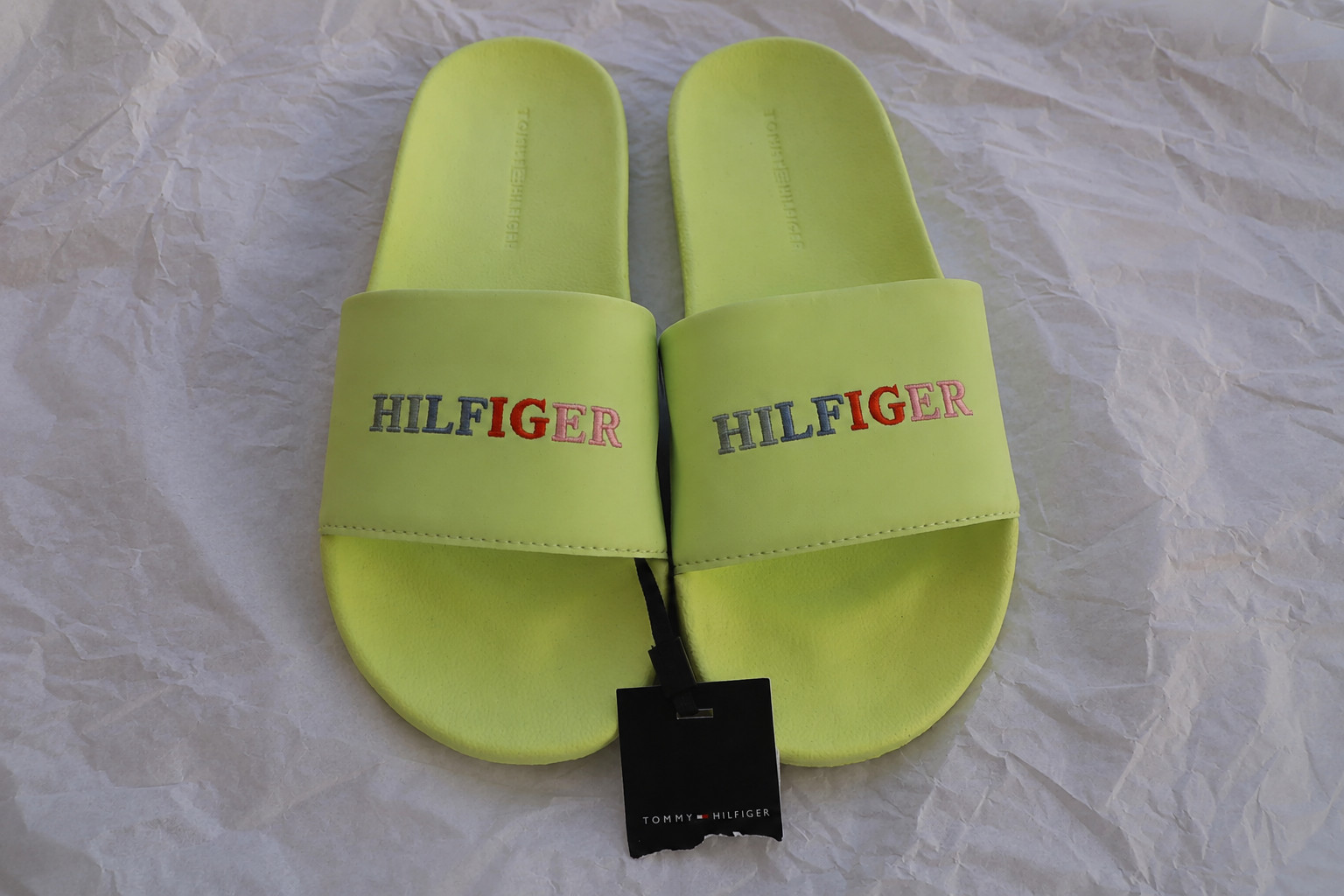 New Tommy Hilfiger Pool Slide Sandals Lime Green Logo Unisex EU 41 US 8