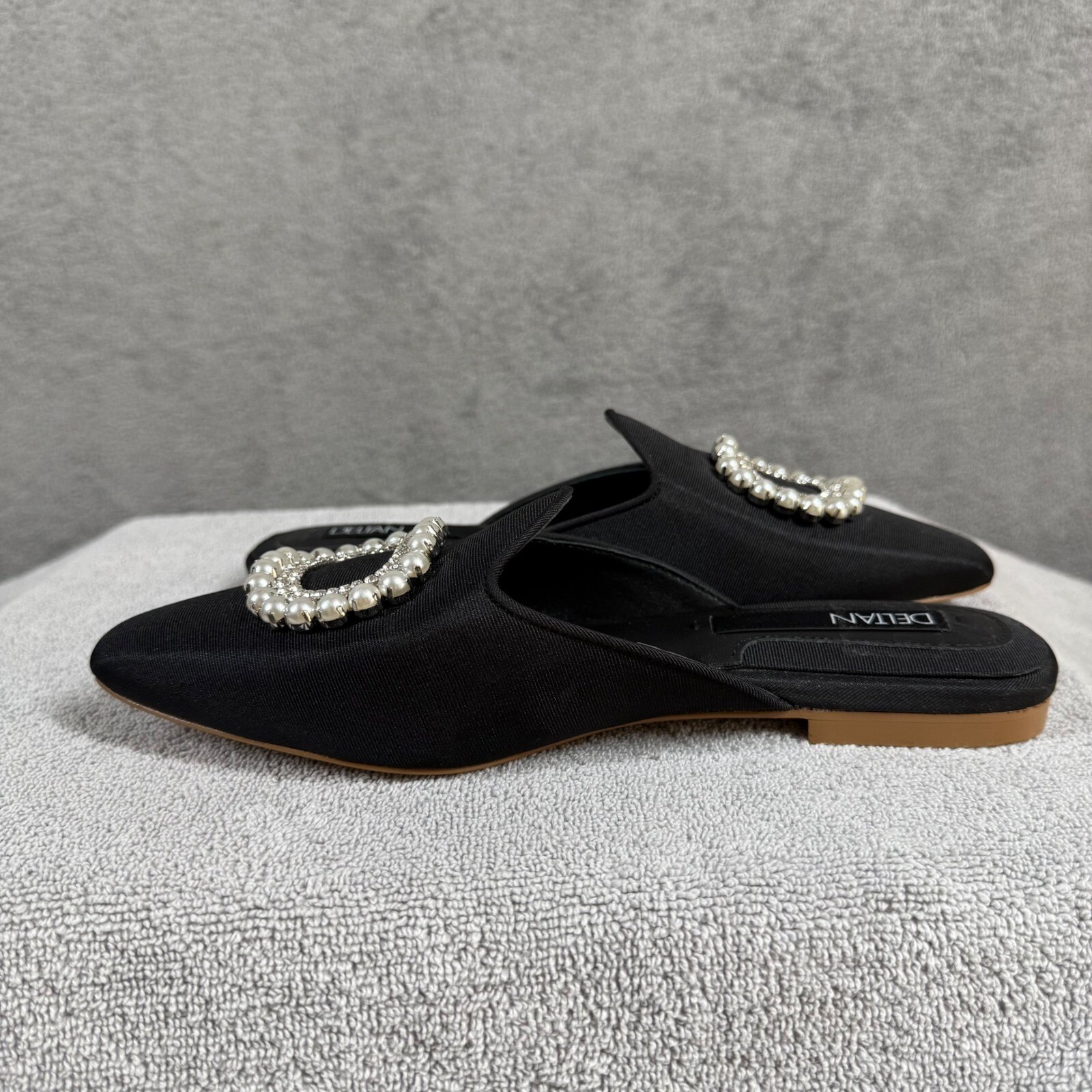 DELTAN Luna Pearl Rhinestone Grosgrain Mules Black Pointed Toe Flats 6.5