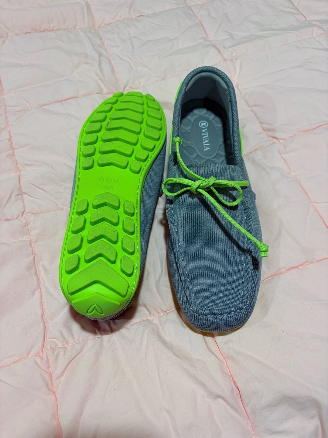 VIVAIA Knit Moccasin Loafers in Gray and Neon Green