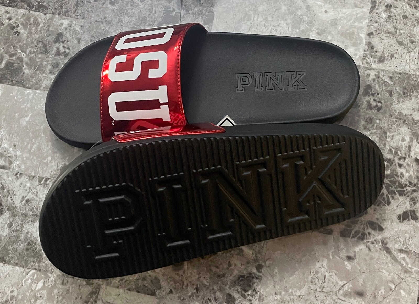NWT VICTORIA’S SECRET PINK M L RED WHITE OHIO STATE OSU SLIDES SLIP ON SANDALS