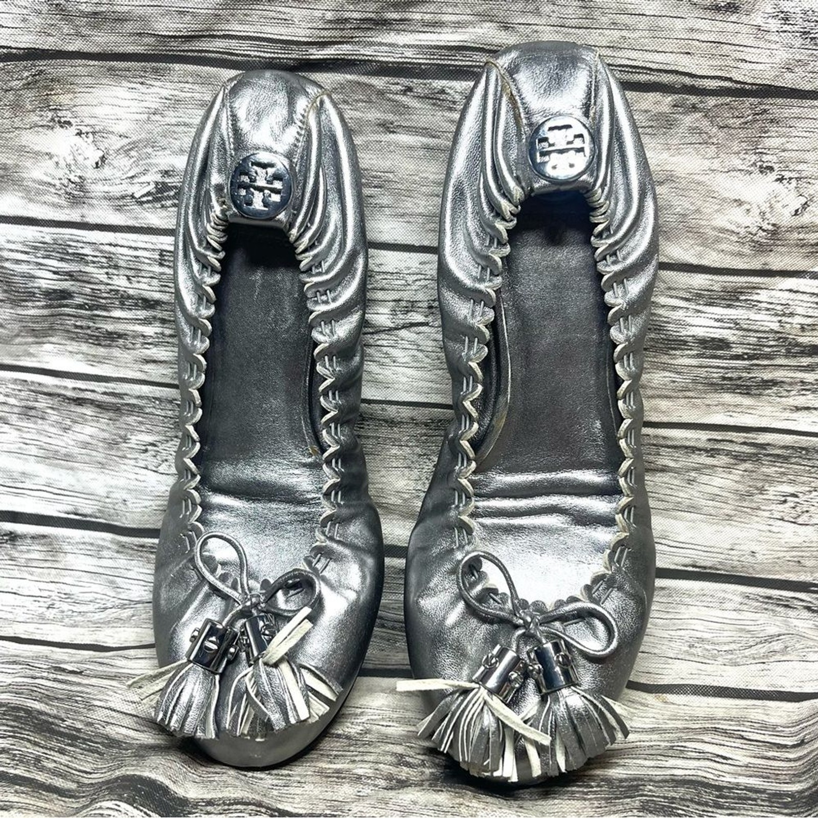 Tory Burch Leather Metallic Silver Flats Tassel Ballet Size Not Marked Read*