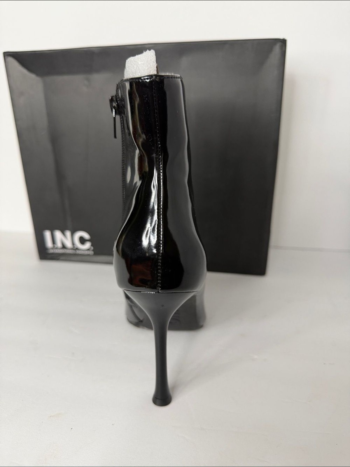 INC International Concepts Black Patent Stiletto Ankle Boot with Silver Toe