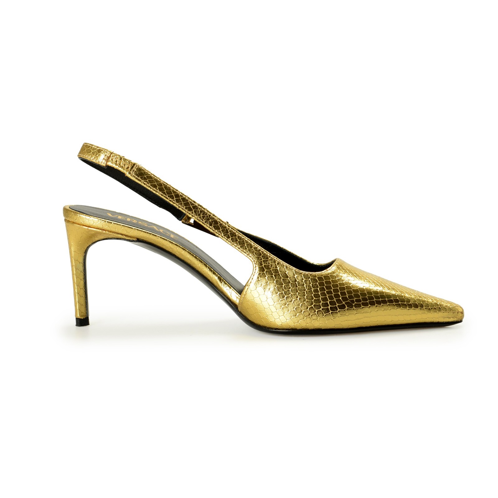 Versace Women’s Gold Snake Print Leather Heeled Slingback Pumps Shoes US 6 IT 36