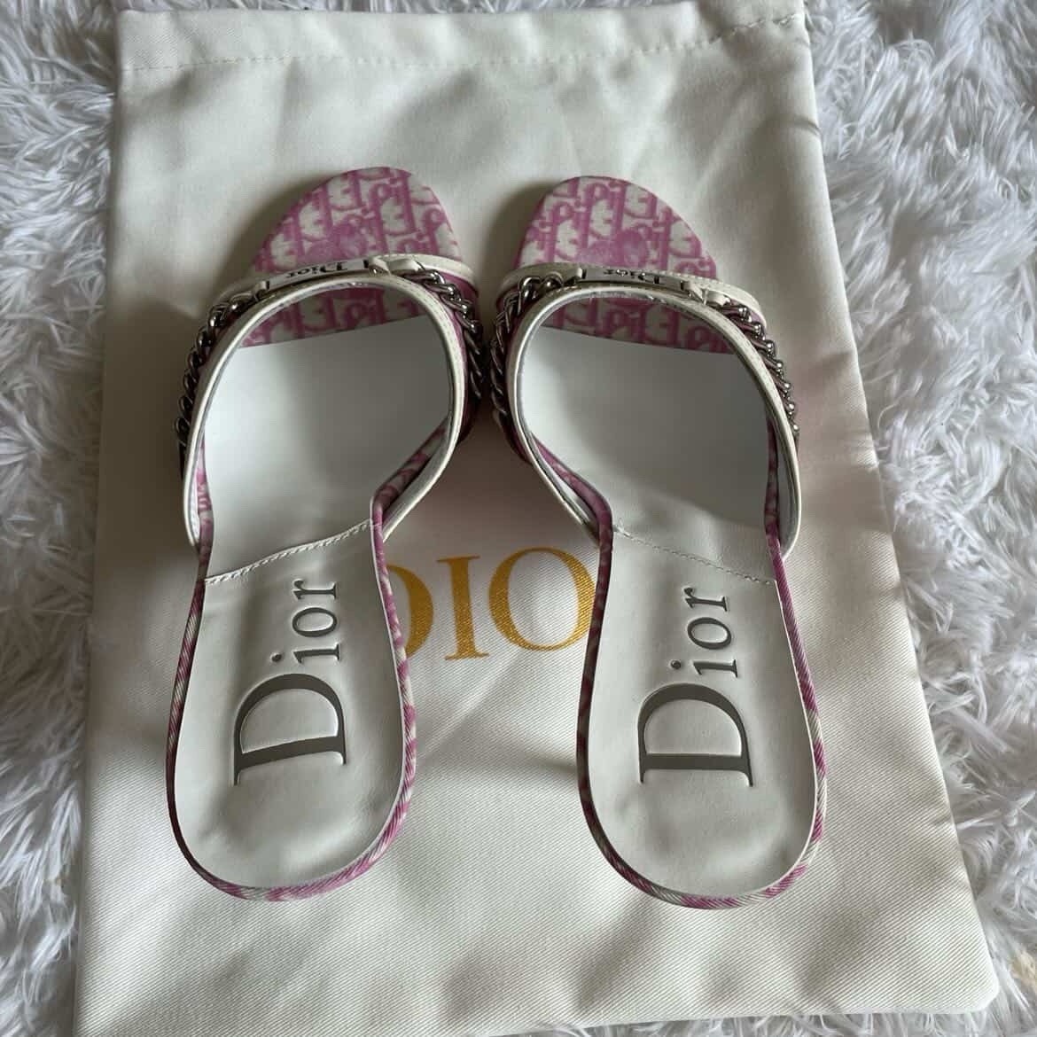 Dior Women’s Pink/White Logo Slide Sandals w/ Chain Accent Slip-On