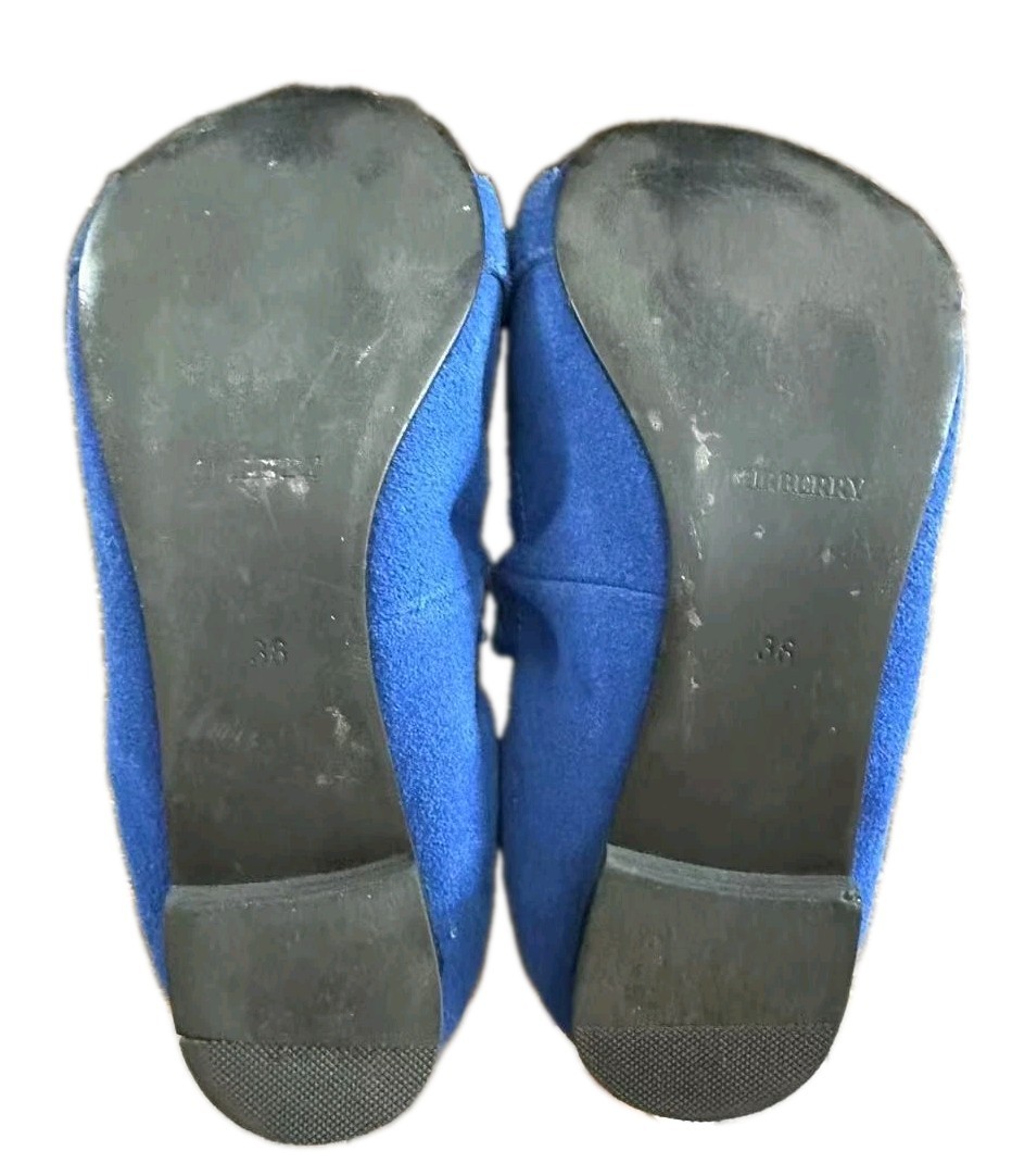 Burberry Blue Suede Ballet Flats Gold Logo Plaque Elastic Slip On Shoes 38