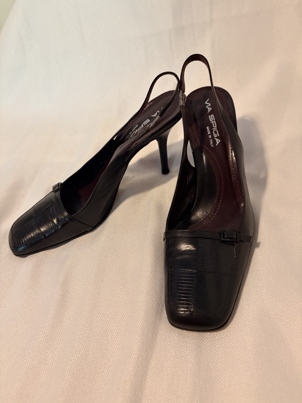 Via Spiga Women’s Black Slingback Heels Buckle Square Toe Stiletto