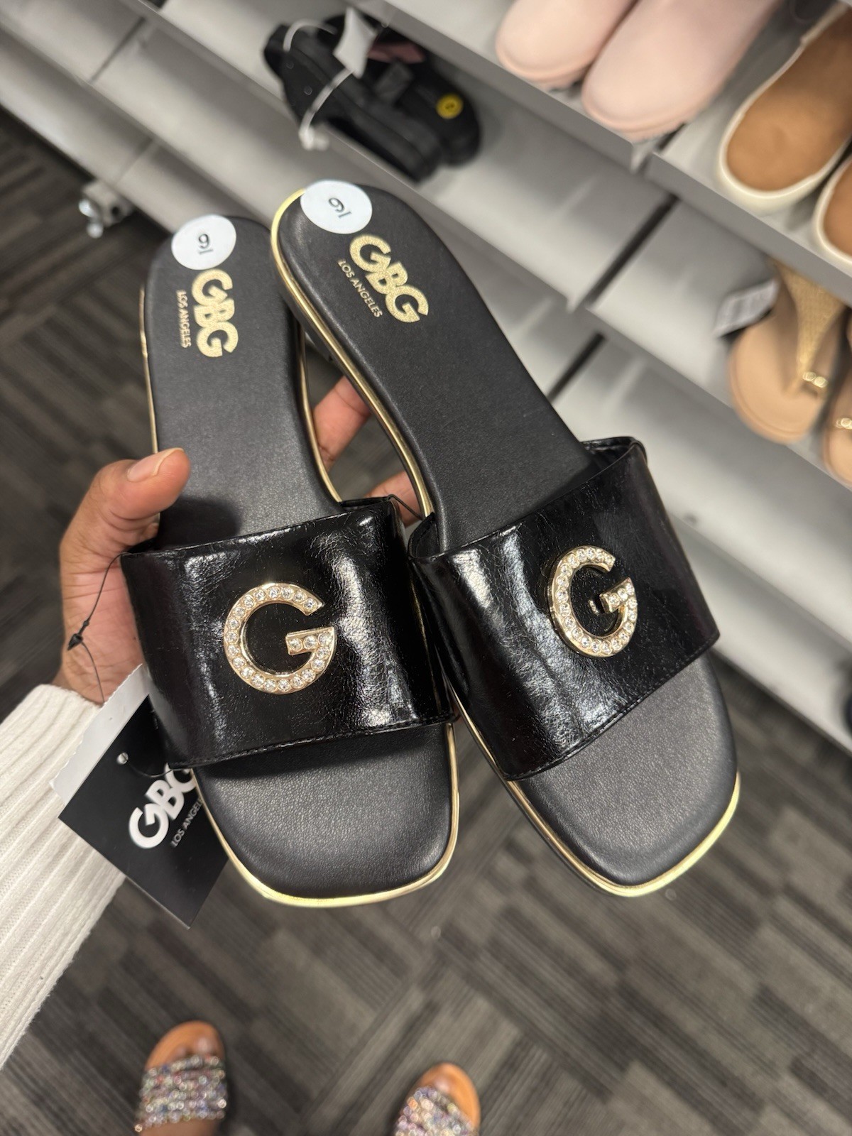 GBG Los Angeles Women’s Black Slide Sandals Gold Logo Beaded Accent Size 10