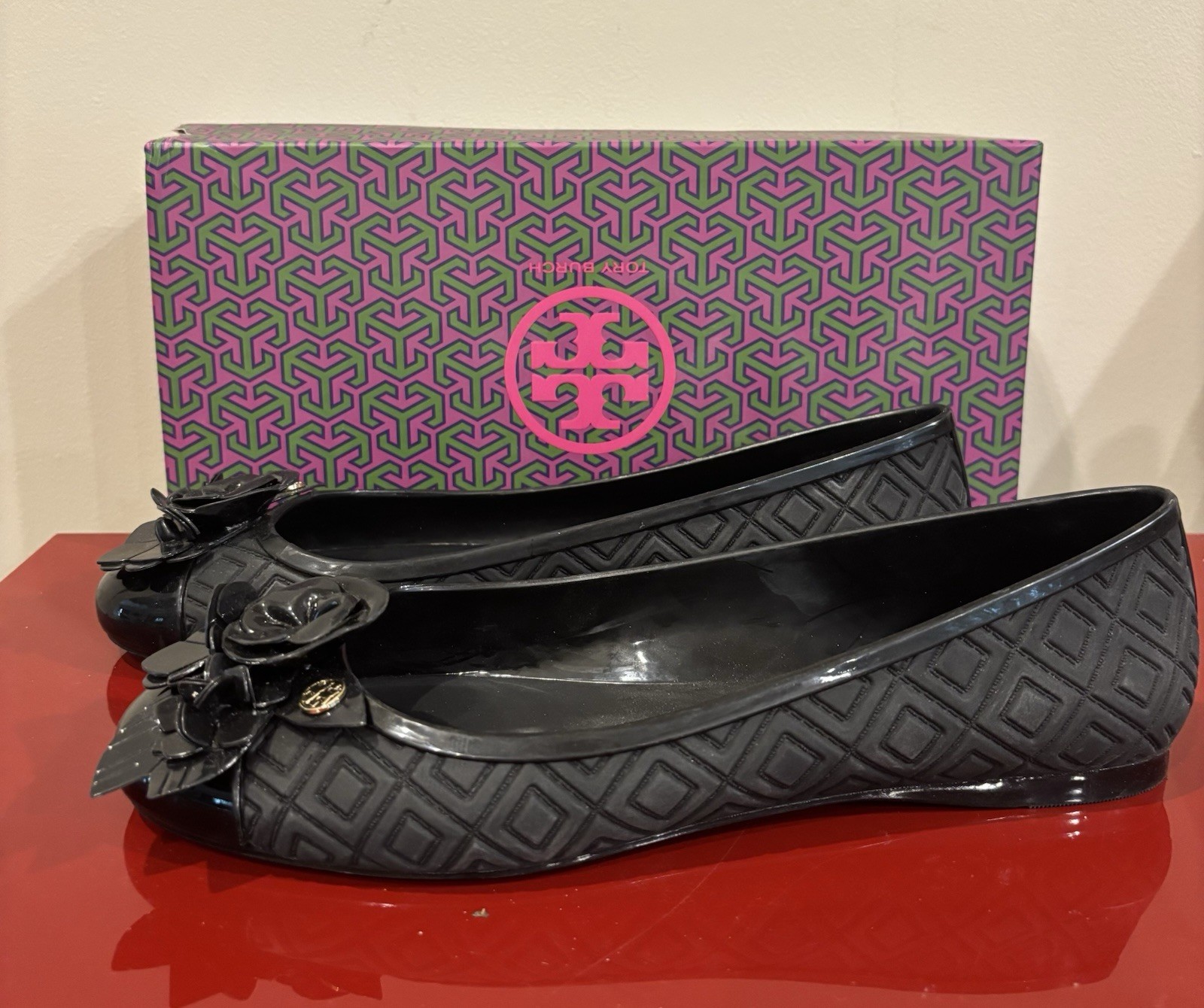 NIB Tory Burch Blossom Jelly Ballet Flats Womens Black Rubber Slip On Size 9