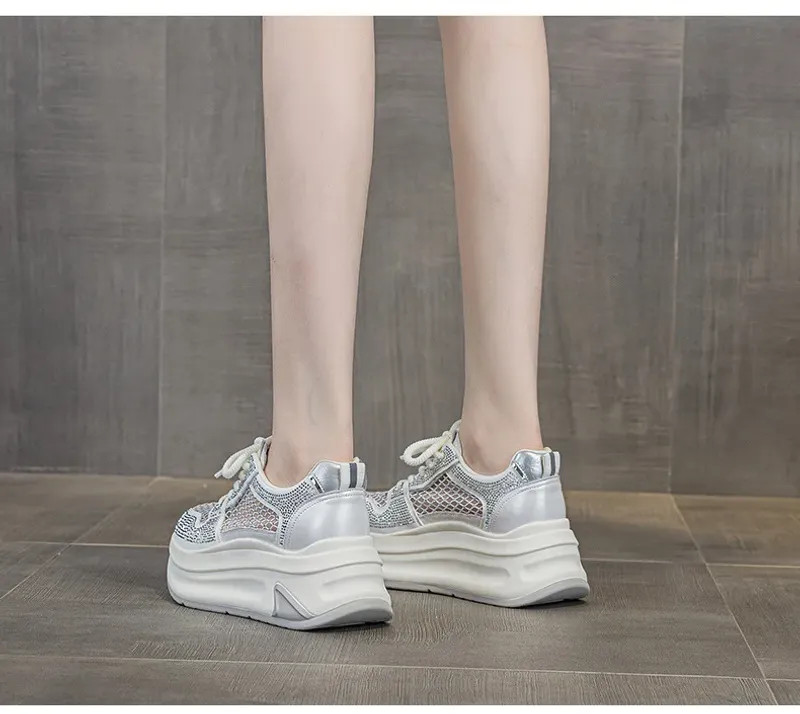 7cm Air Mesh Microfiber Leather Chunky Sneaker Shoes Women Platform Wedge Comfy