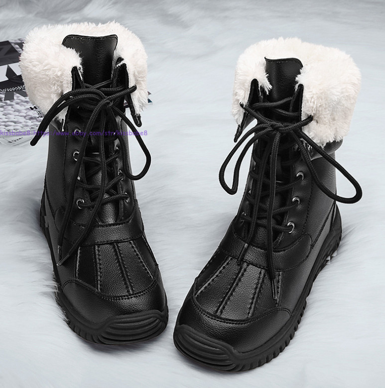 Womens Faux Leather Winter Snow Boots Warm Fleece Shoes Mid Calf Walking Boots