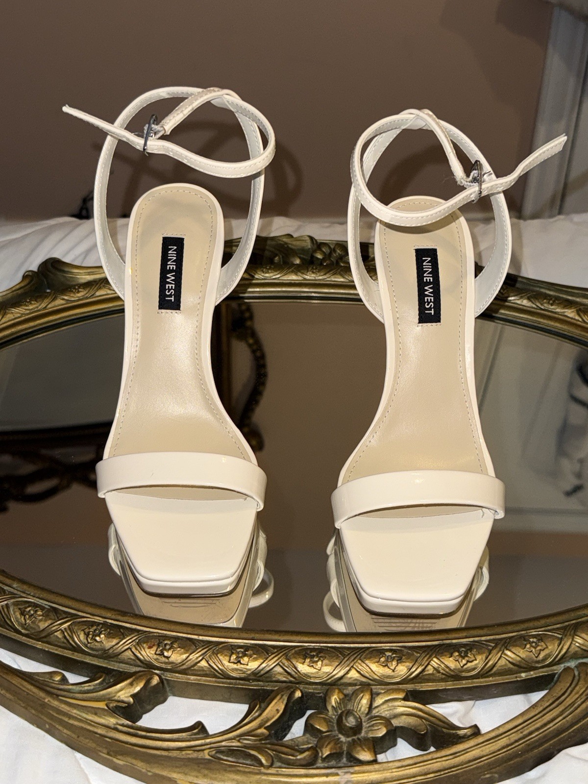 Nine West Women’s Beige Patent Leather Strappy Ankle Strap Open Toe Stiletto 6.5
