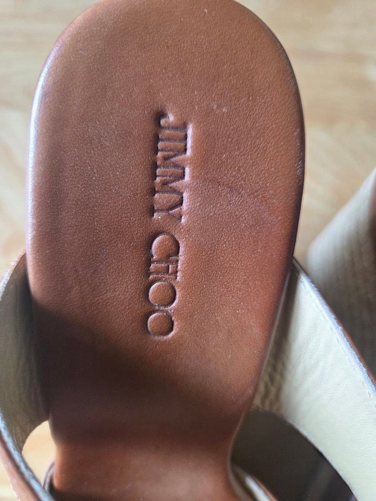 Jimmy Choo Tan Leather Espadrille Wedge Sandals