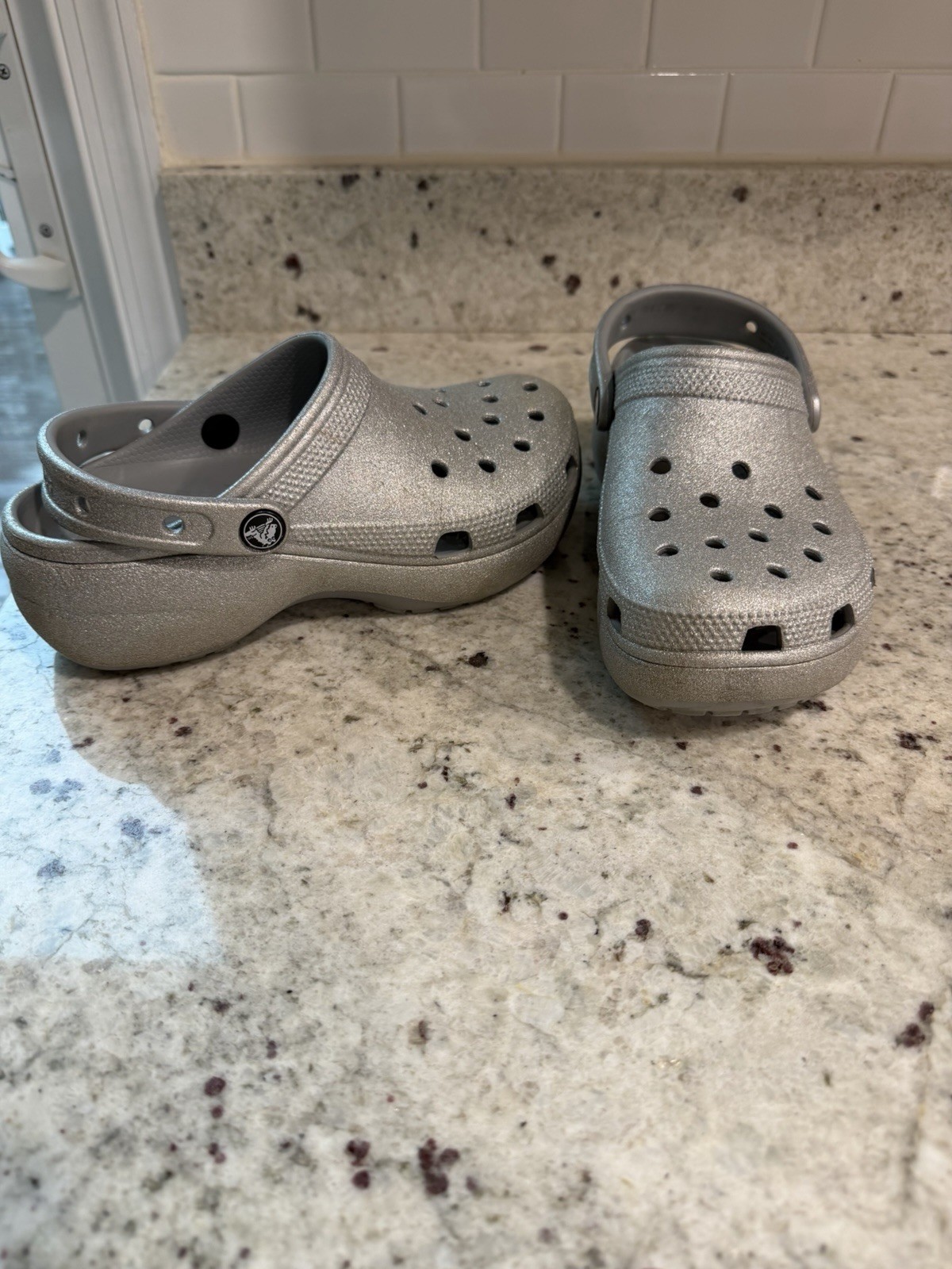 Crocs Silver GlitterWomen’s Slip-On Clog Sandals Platform Size 6