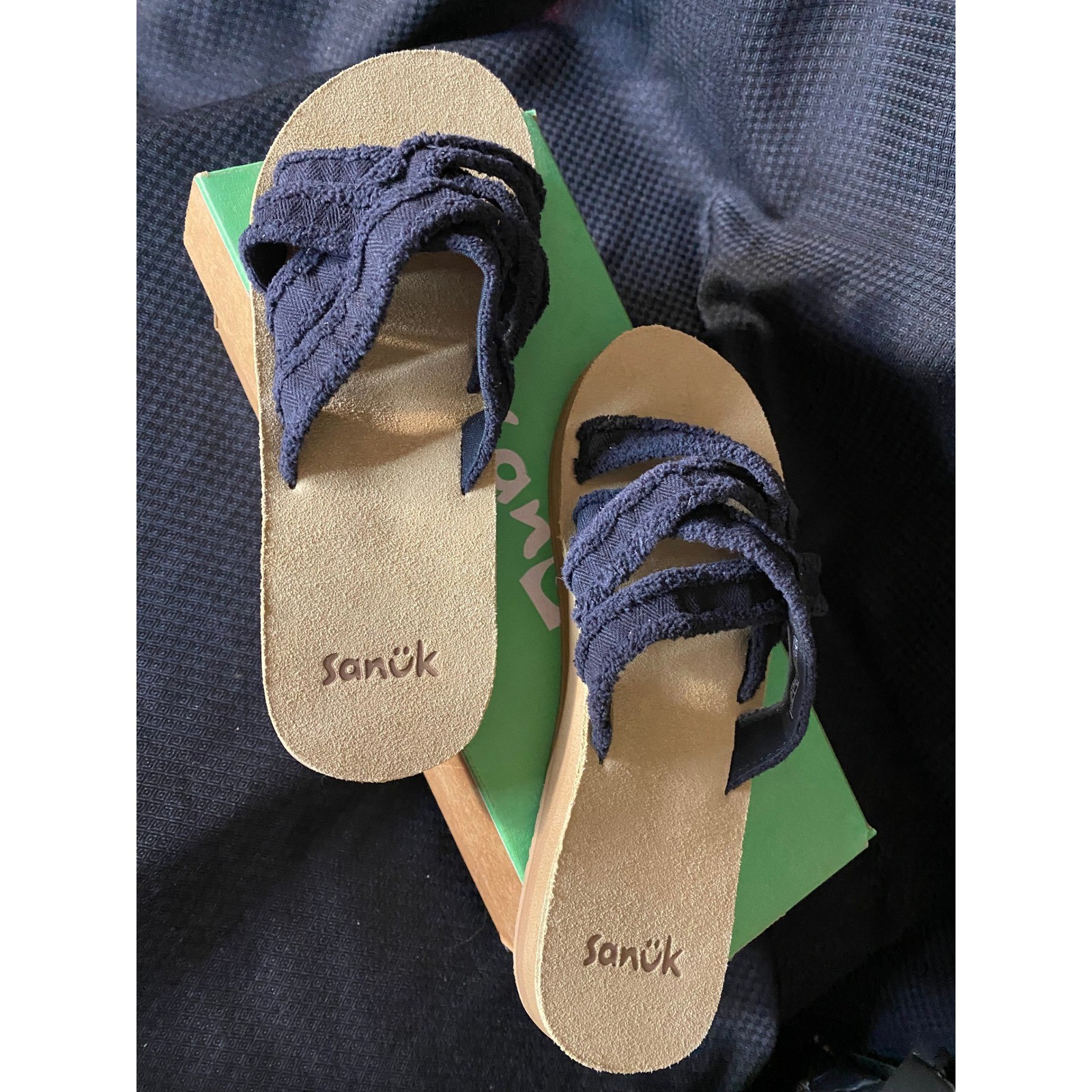 Sanuk W Fraidy Slide Black Frayed Fabric Sandals Women’s Size 7 NEW
