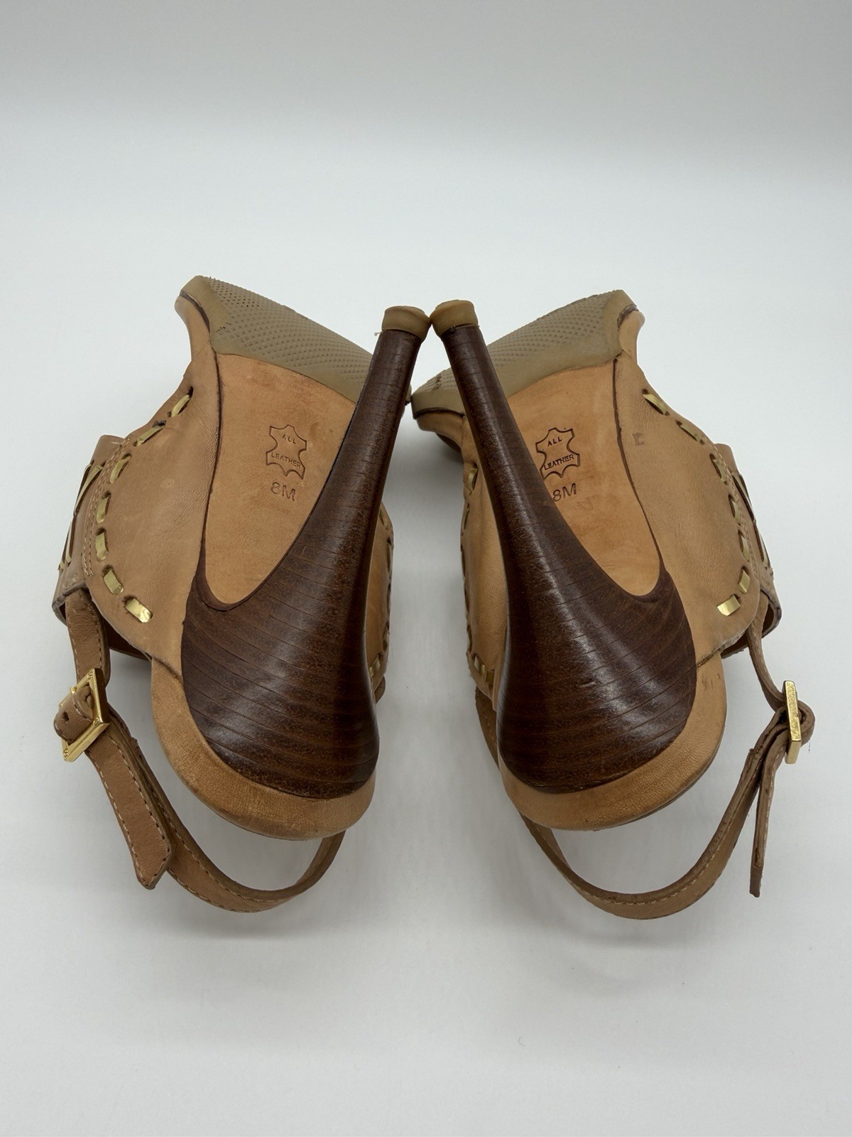 Tory Burch Caylan Leather Sandals Tan Gold Toe Ring Boho Style Heels Tribal Sz 8