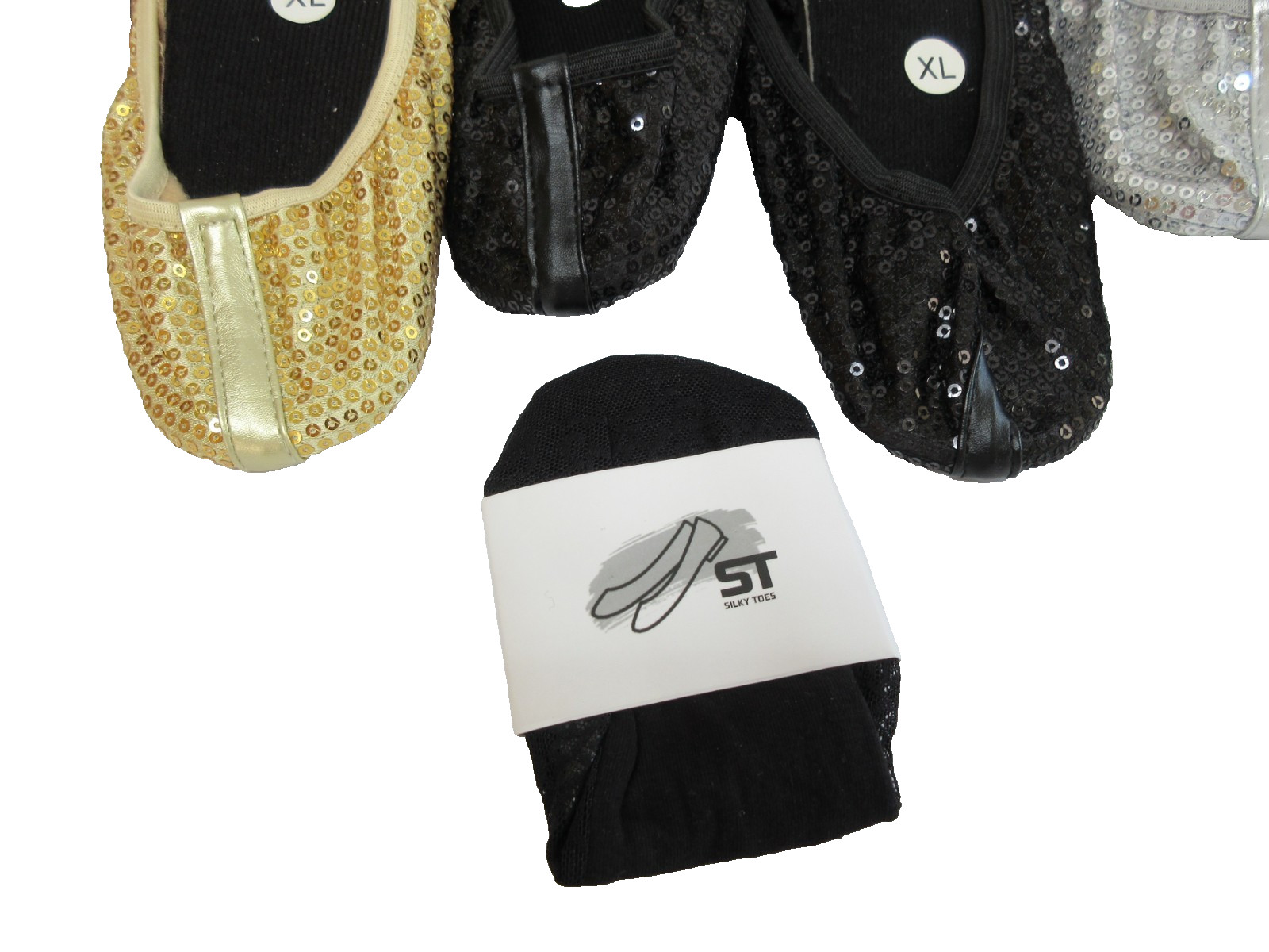 SILKY TOES 3 Pairs Folding Flats Shoes Slippers in Pouch Sz XL/9 Blk Gold Silver