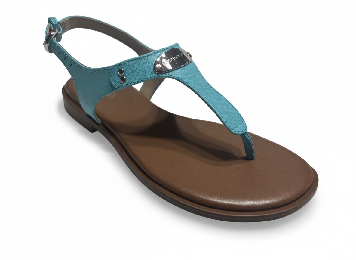 Michael Kors MK Plate Slide Sandal, Saffiano Leather, Ocean Blue