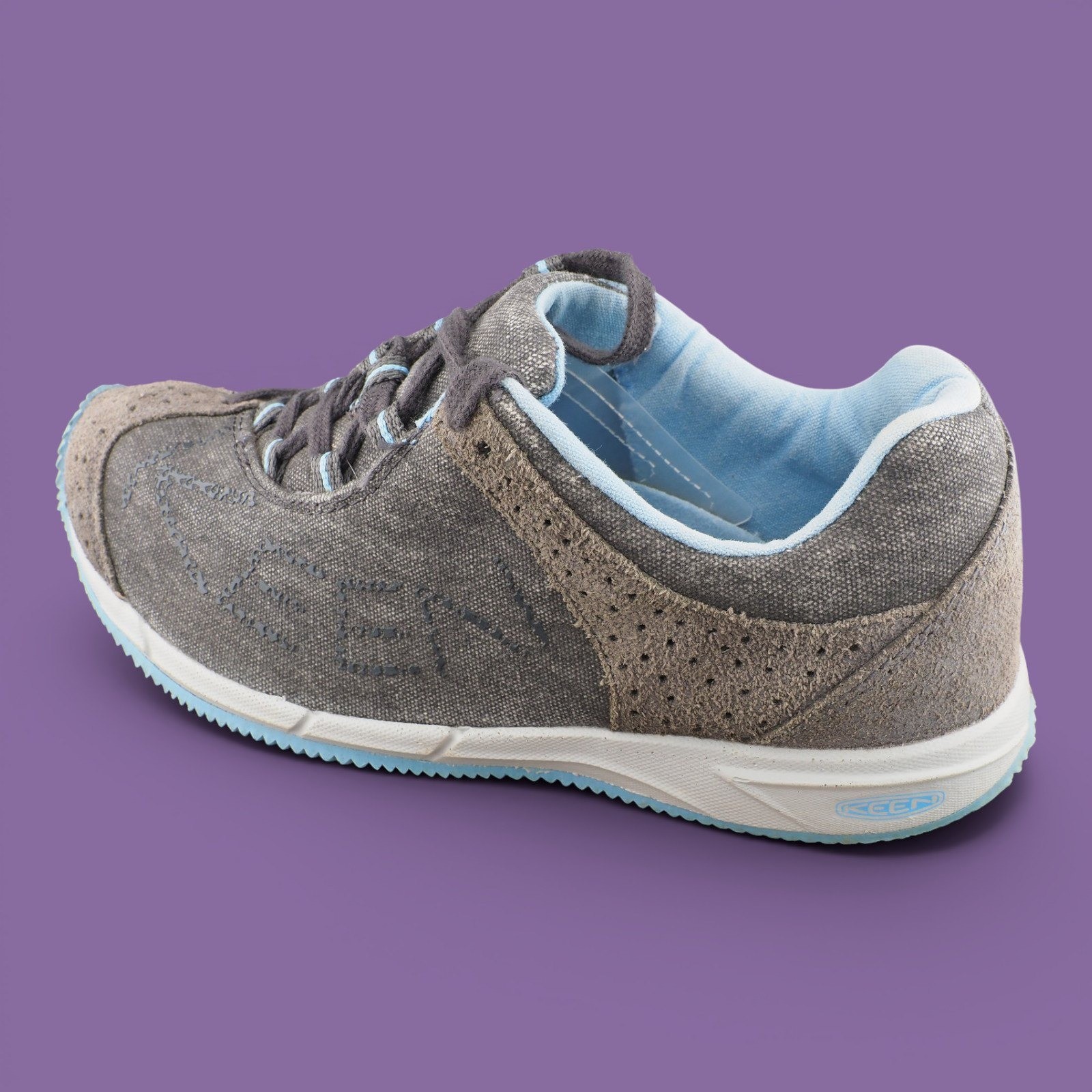 Keen Womens Gray Canvas Suede Low Top Lace Up Sneakers Light Blue Trim Size 7.5