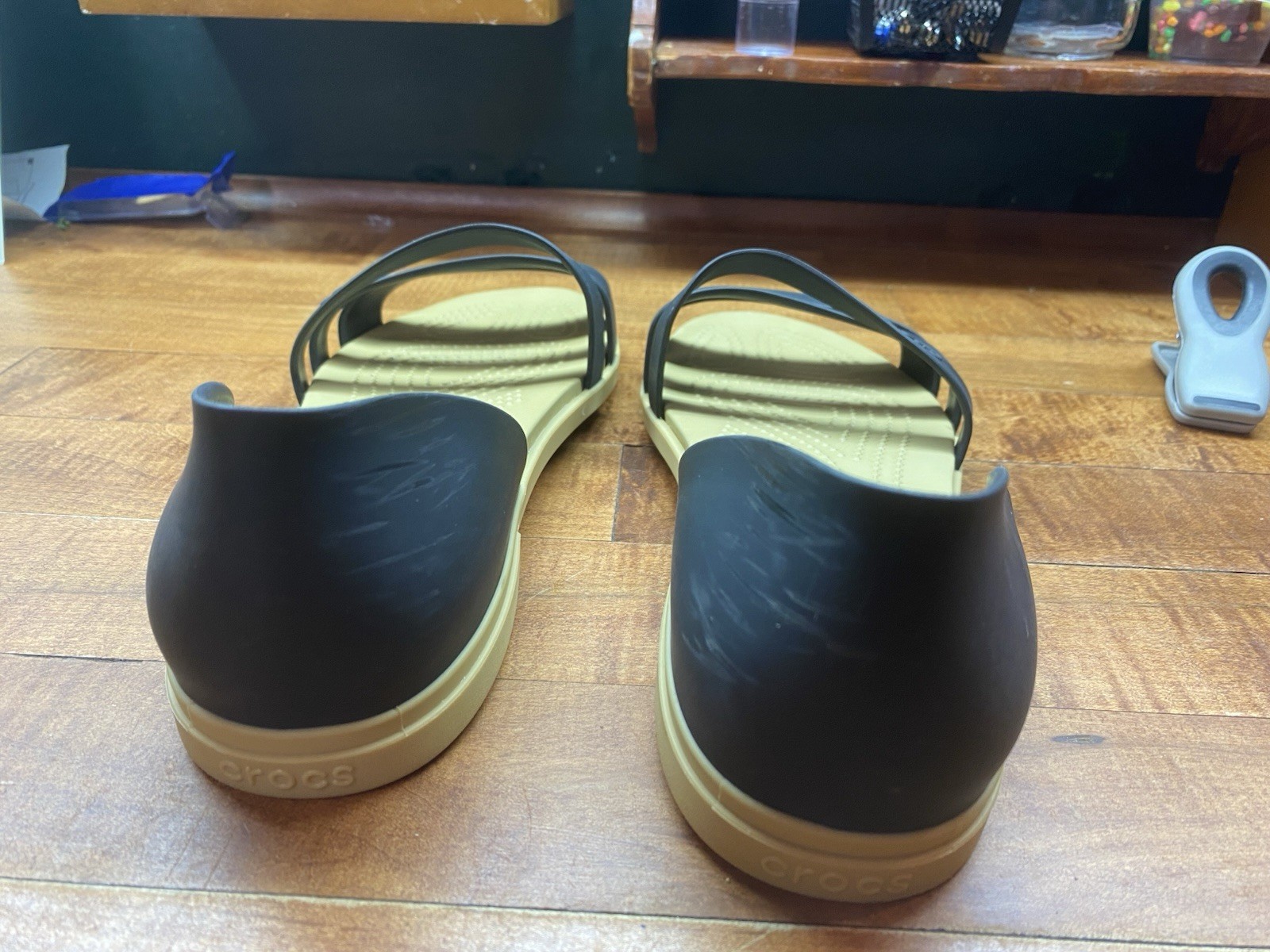 Crocs Tulum Open Flat Sandals Womens 9 Black Tan Strappy Slip On (Read 10 9.5 W)