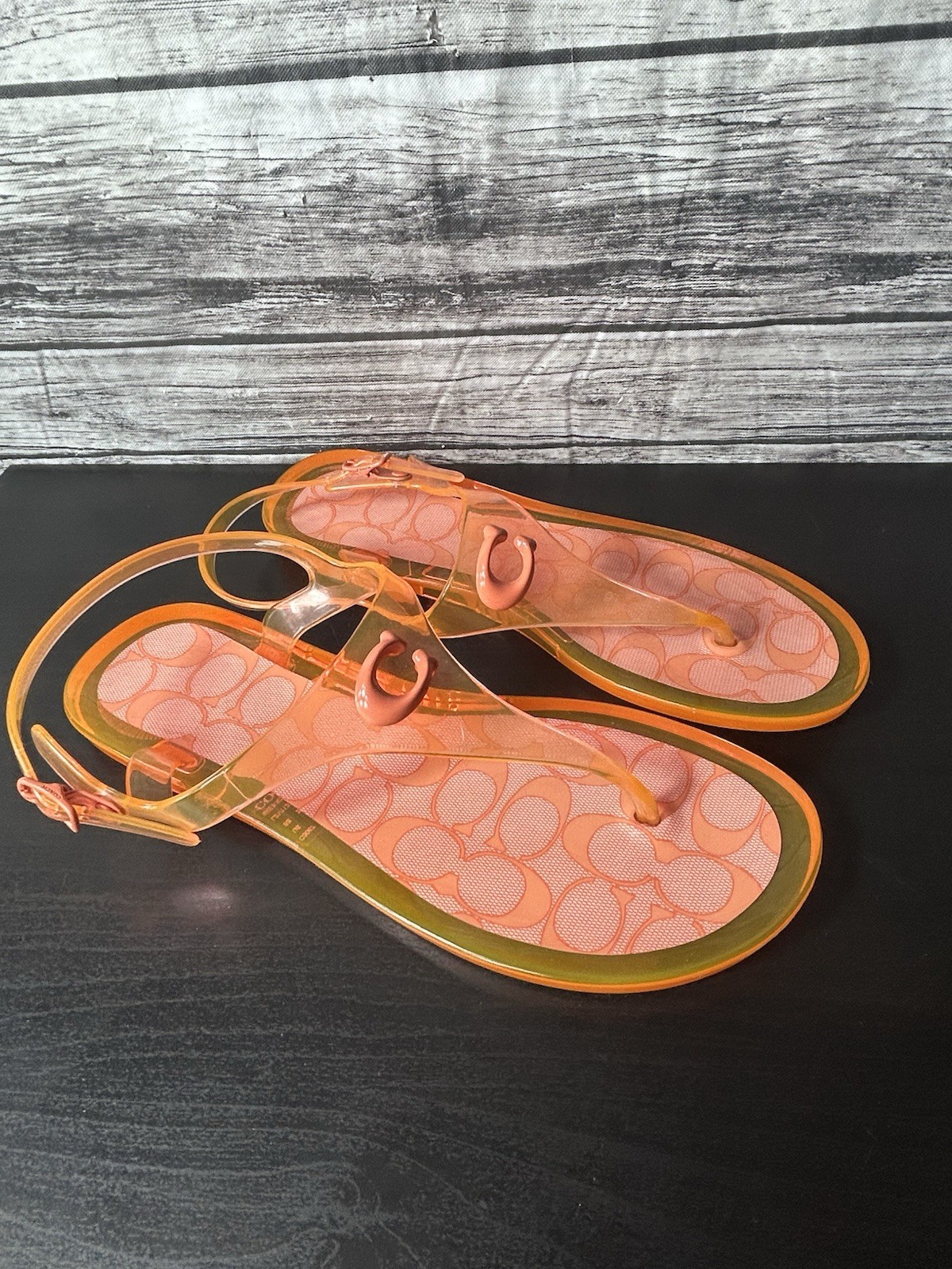 COACH Natalee Jelly Sandals Size 8B Orange Tangerine Logo Thong Sandals w Box