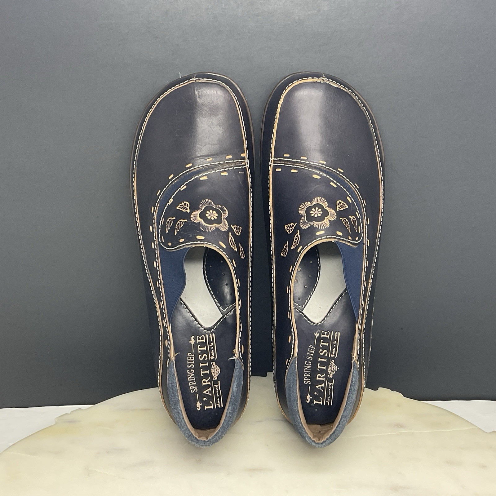 L’Artiste Burbank Clogs Spring Step Womens Size 8-8.5 EU-39 Blue Brown Leather