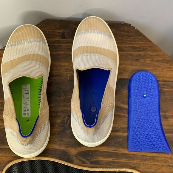 Rothy’s Birch Stripe Slip On Sneaker in tan, blue silver and white. Size 10