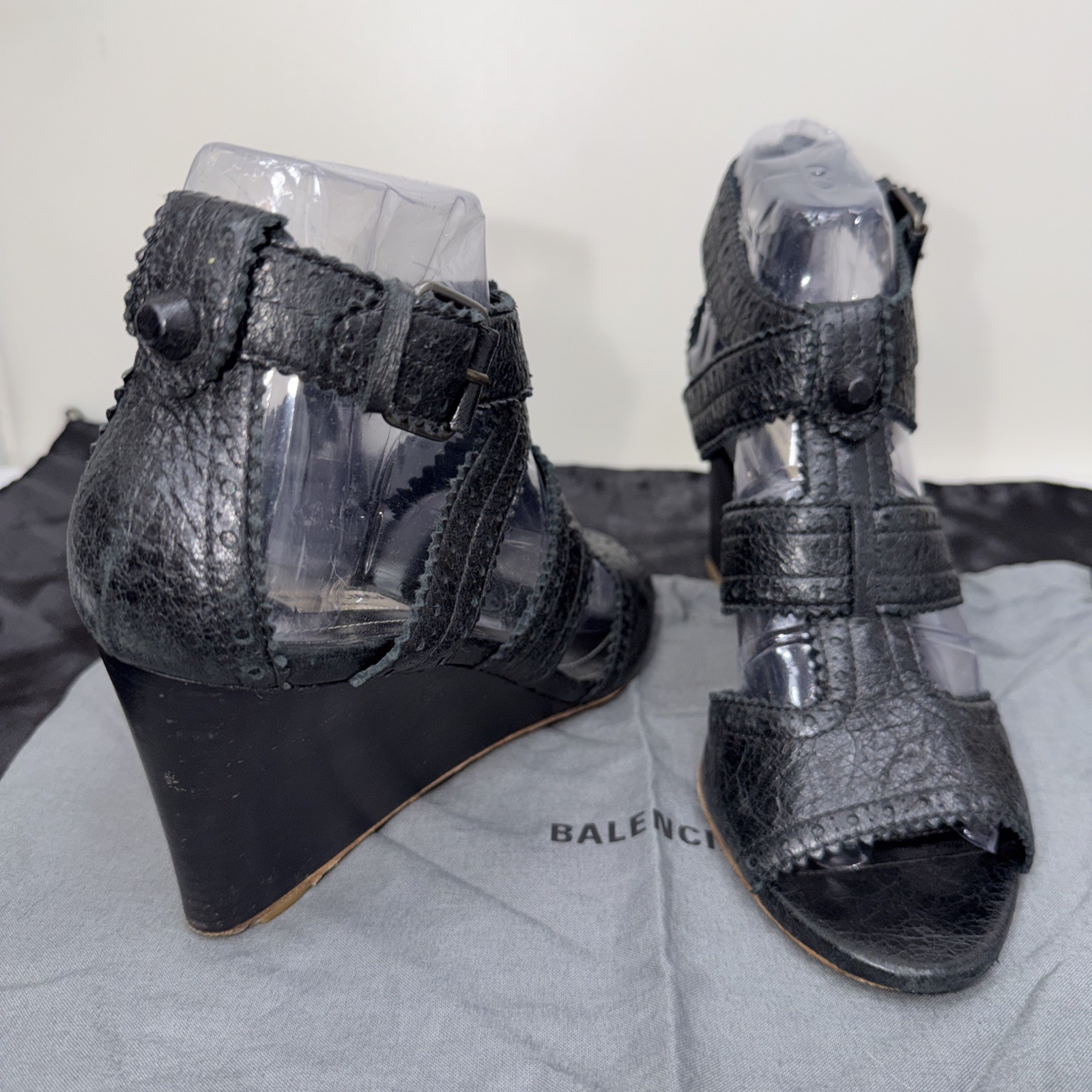 Balenciaga 39.5 Sandals Wedge Gladiator Caged Ankle Booties Covered Studs Poms