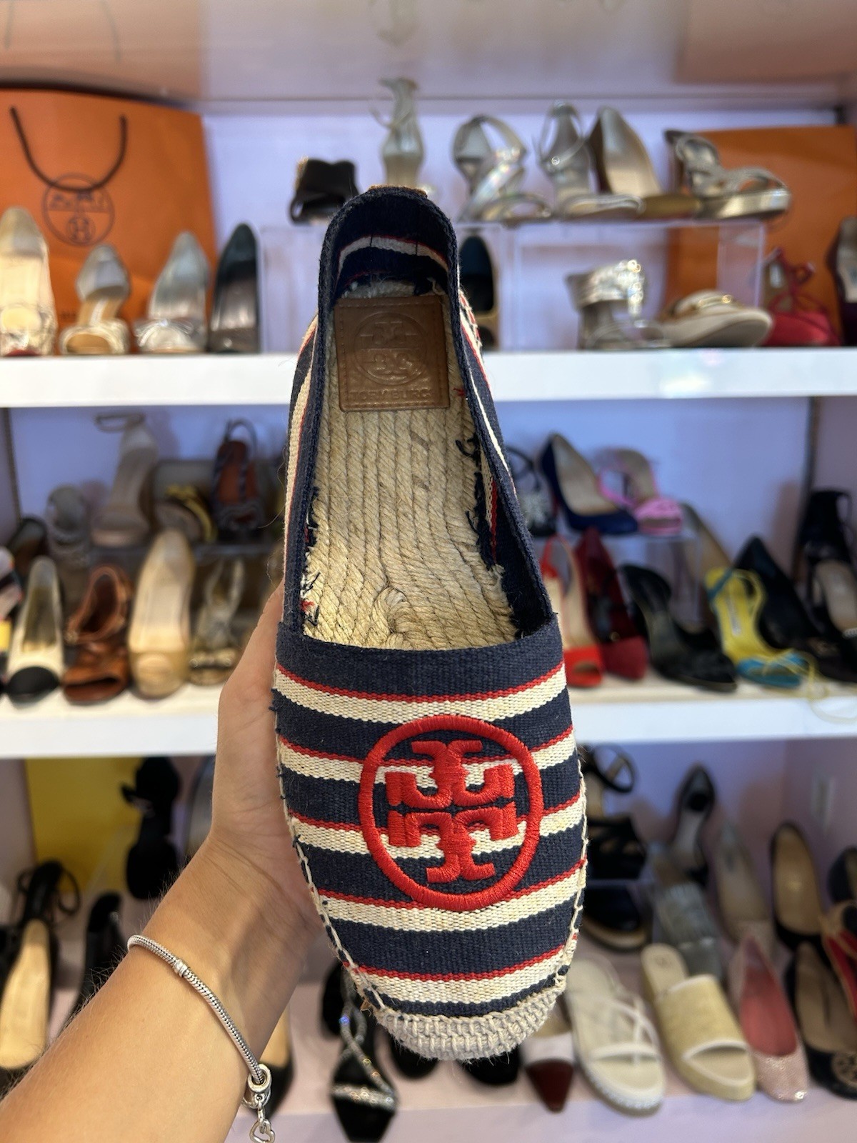 Tory Burch Women’s Blue Red White Striped Logo Slip-On Espadrille Flats