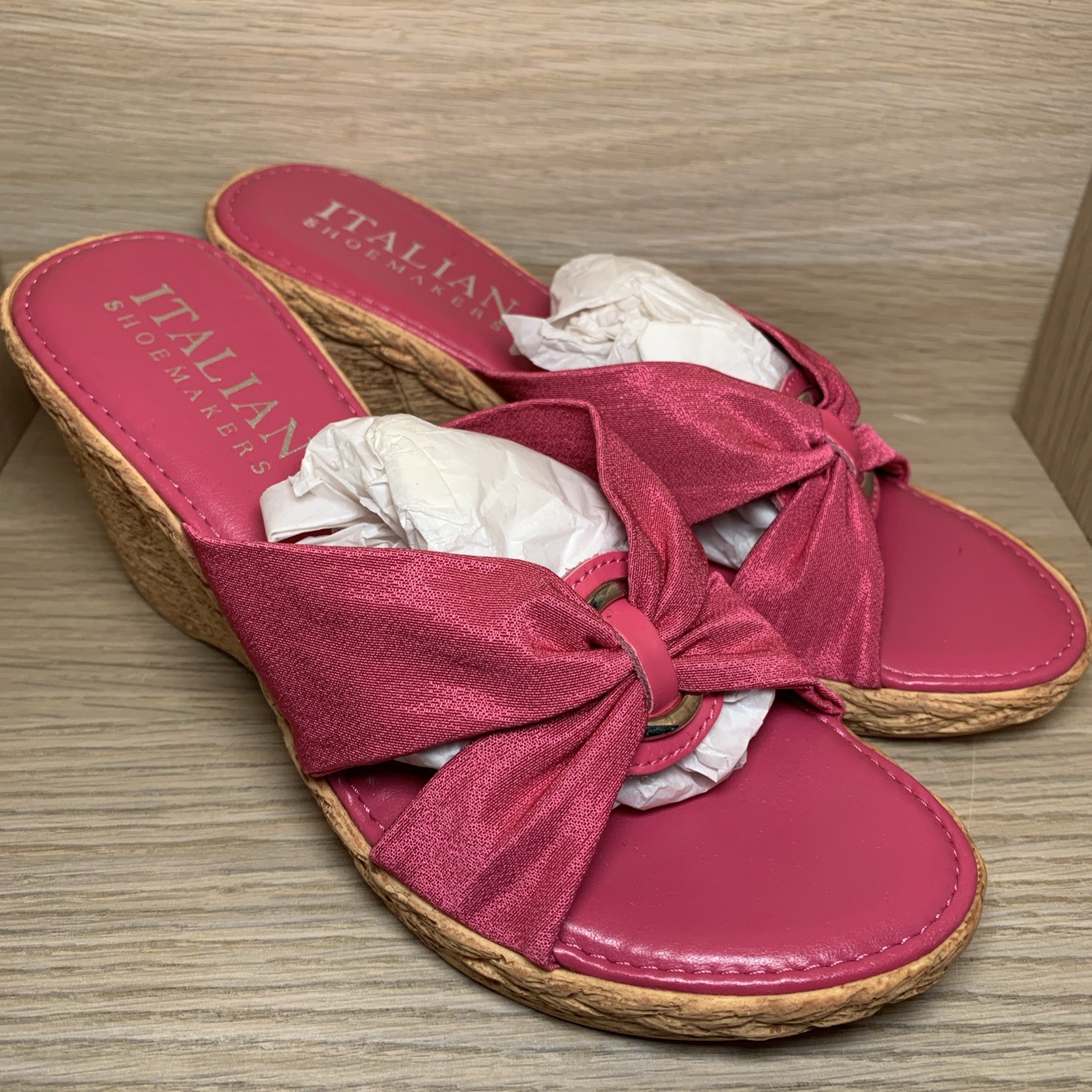 Italian Shoemakers Size 7 Rose Pink Fabric Slip on Wedge 2.5 in Heels Sandals