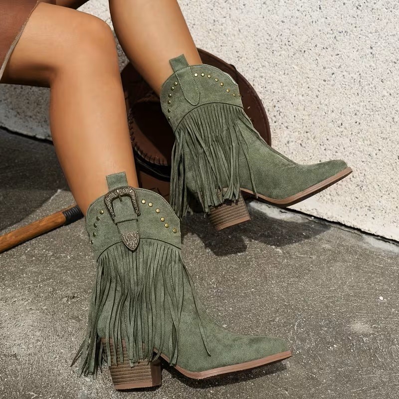 8 SAGE GREEN VEGAN SUEDE FRINGE COWGIRL BOOTIES WESTERN BUCKLE BLOCK HEEL BOOTS