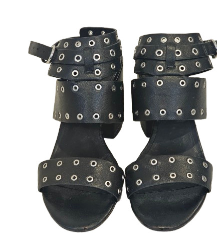 Rebecca Minkoff Black Carter Grommet Chunky Block 3.5″ Heel Sandal Size 6.5