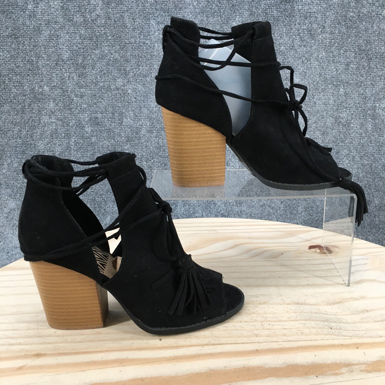 Qupid Boots Womens 6 Ankle Booties Black Faux Leather Block Heels Tasseled