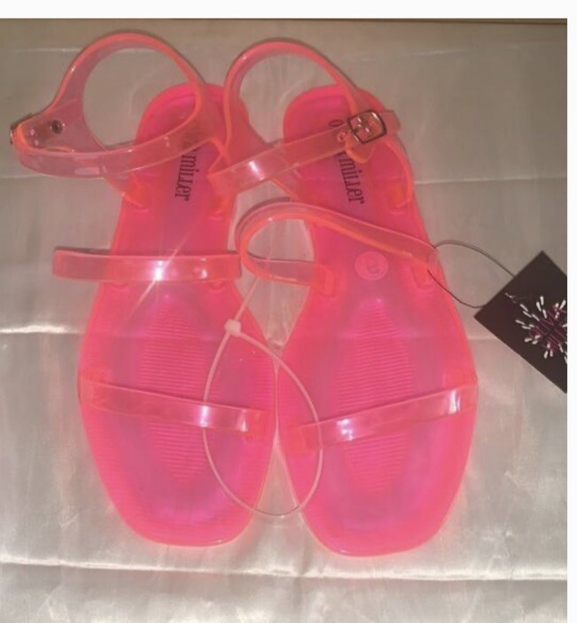 Olivia Miller Neon Jelly Pink PVC Clear Flat Pool Beach Sandals US Sz 8
