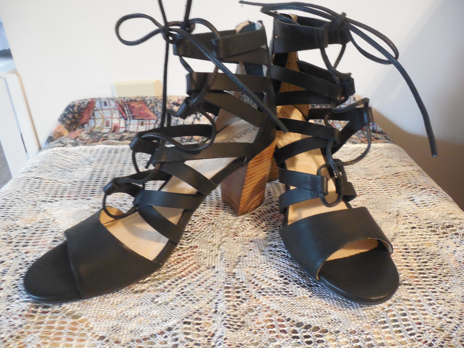 ADAM TUCKER (me too) NEW! Black Leather Ankle Strap size 6.5M heels 3″ lace up
