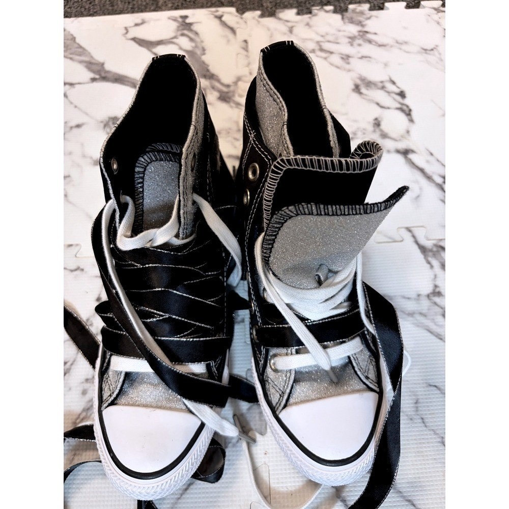 Converse All Star Black Silver Shine High Top Sneaker Satin Ribbon Laces Alt Y2K