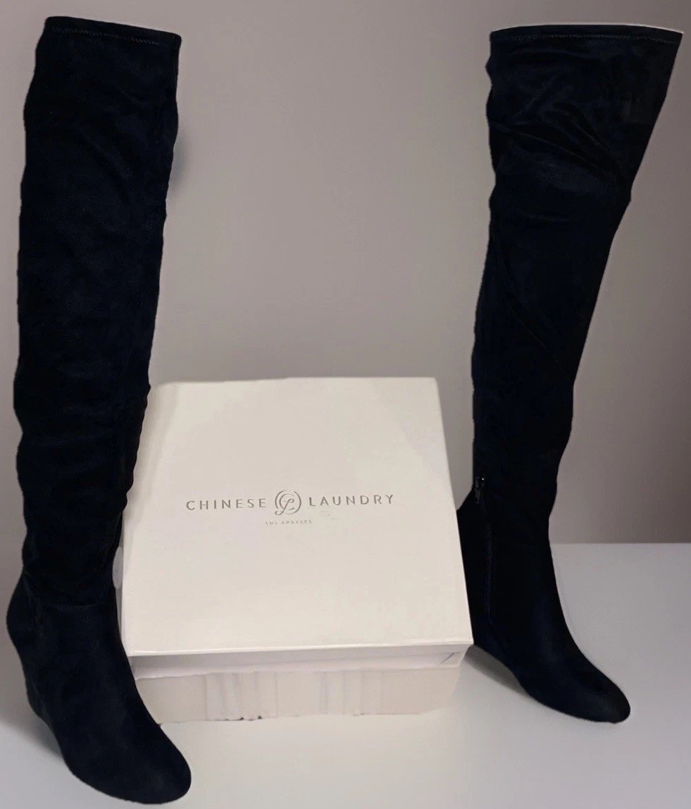 Von Maur Chinese Laundry Thigh High Boots Ultra Black Suedette Size 7.5 New/box