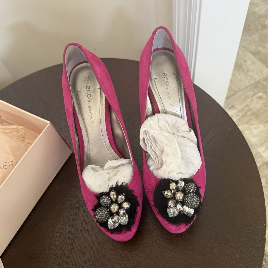 BCBGeneration Pink Suede Rhinestone Beaded Round Toe Stiletto Pumps 8.5M