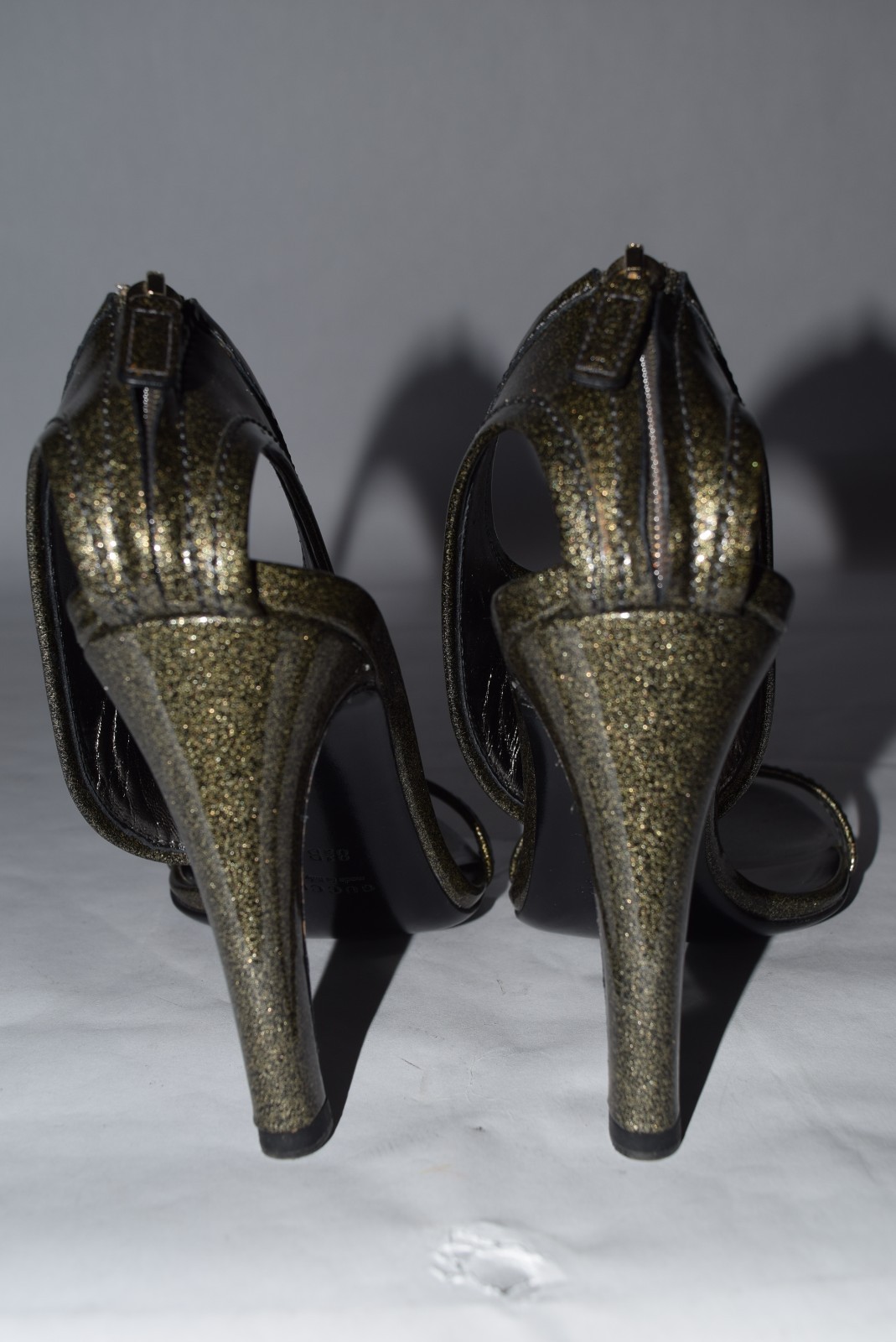 Vintage Gucci Glitter Logo Double G’s Leather Heels sz 38.5/8.5 Anthracite Black
