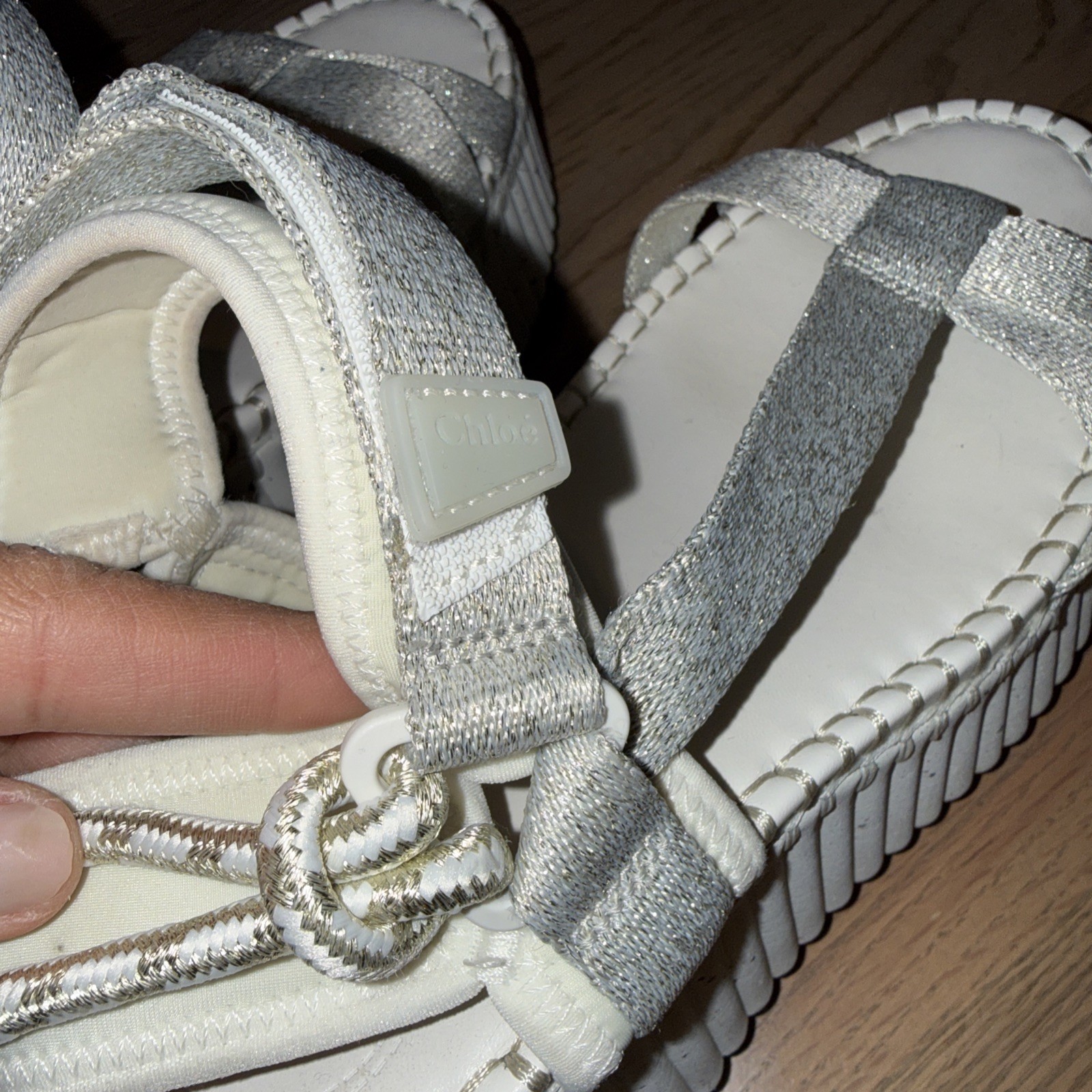 Chloe Womens Wedge Heel Platform Ankle Cross Strap Sandals White Silver Size 39