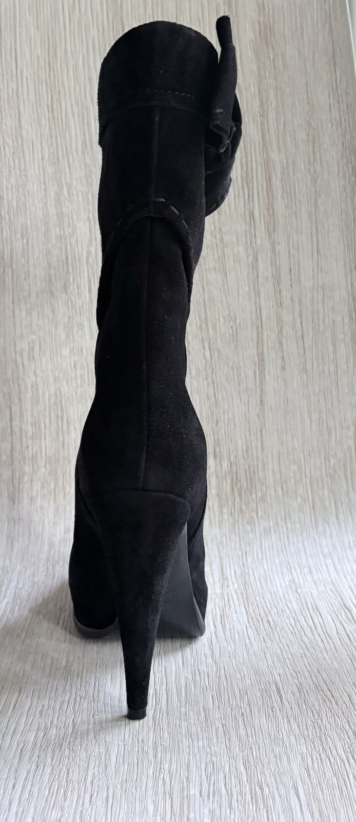 Christian Dior Women’s Black Suede Slouch Boots 38.5 Cuffed Cone Heel Mid-Calf