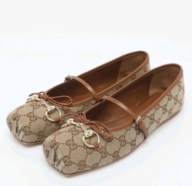 Gucci Horsebit Size 39 BeigeBrown GG Canvas and Leather Ballet Flats New In Box