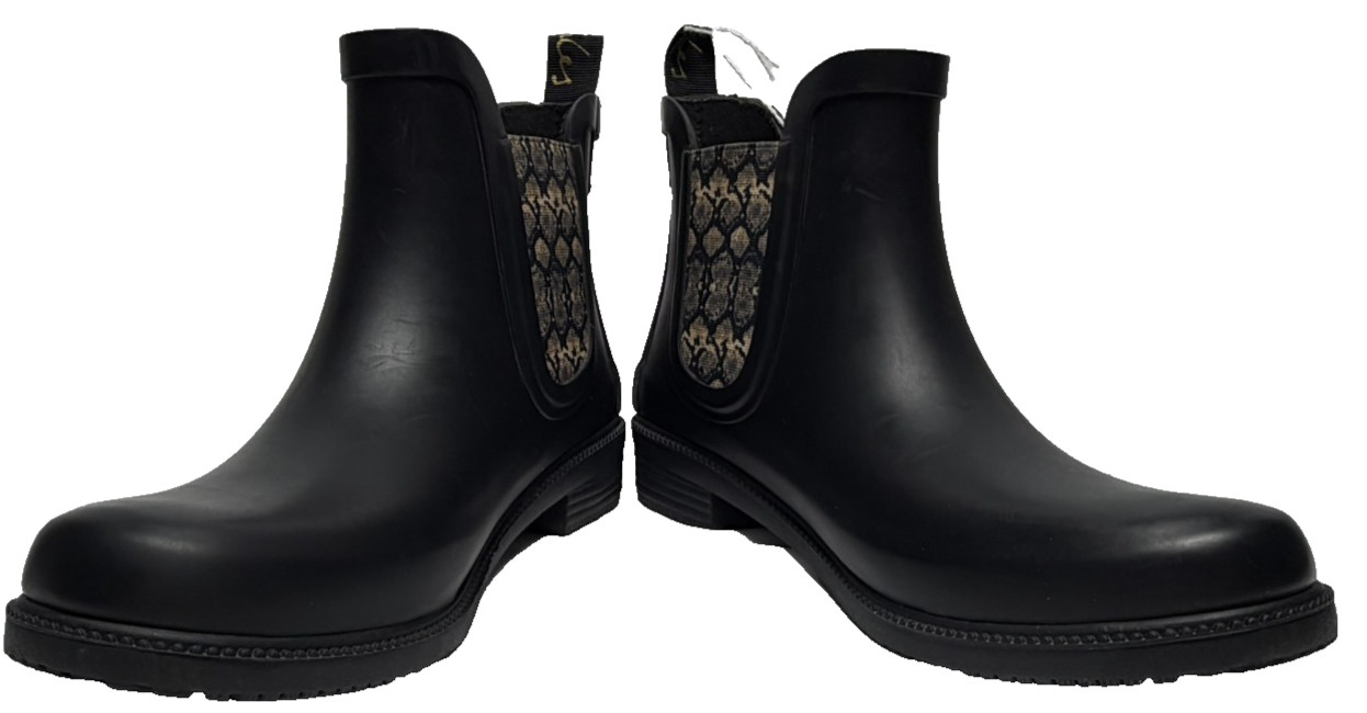 Joules Rutland rubber ankle rain Boots in black with a snakeskin pattern size 6