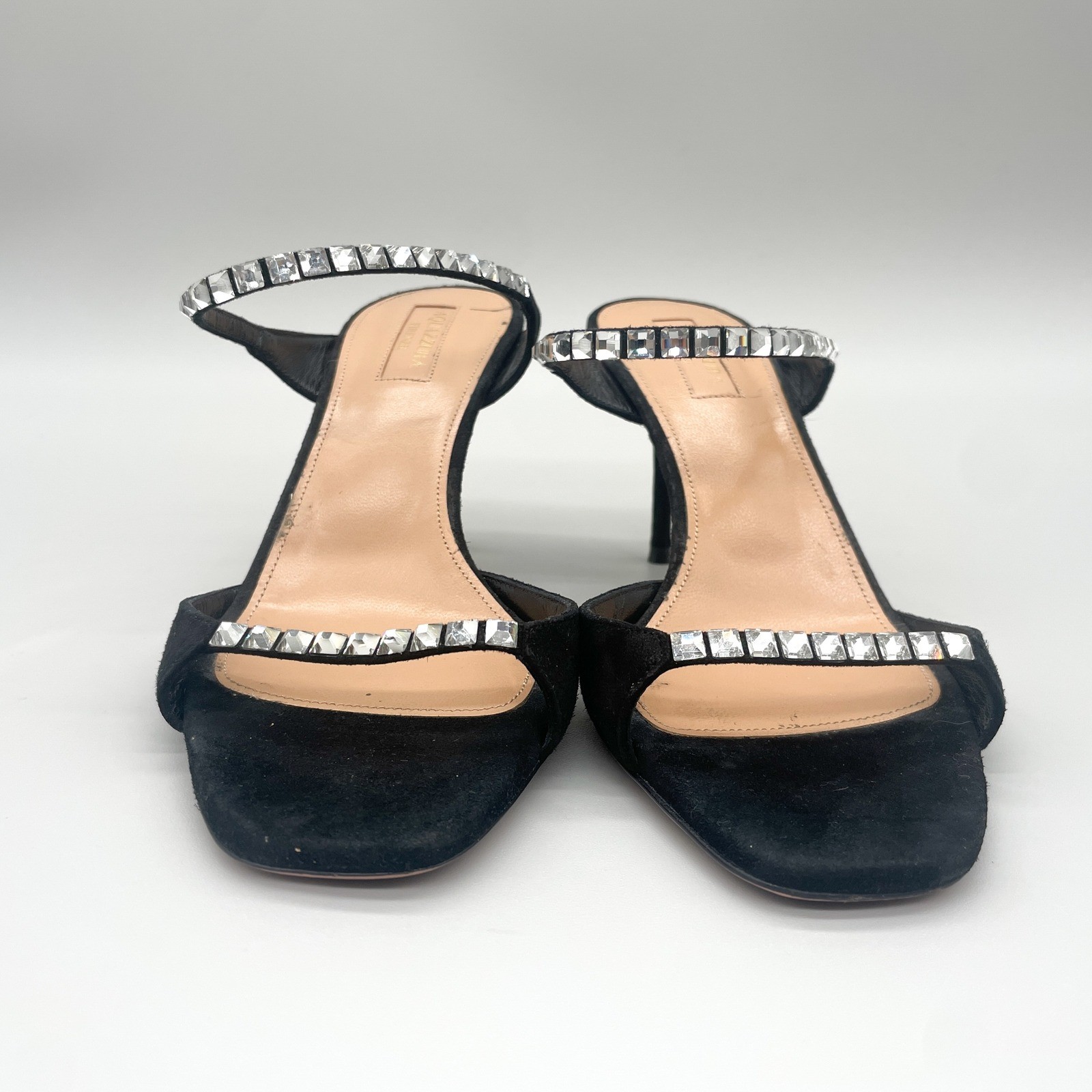 Aquazzura Diamante 75 Black Suede Crystal Sandals Mules Womens 37.5 Wedding Glam