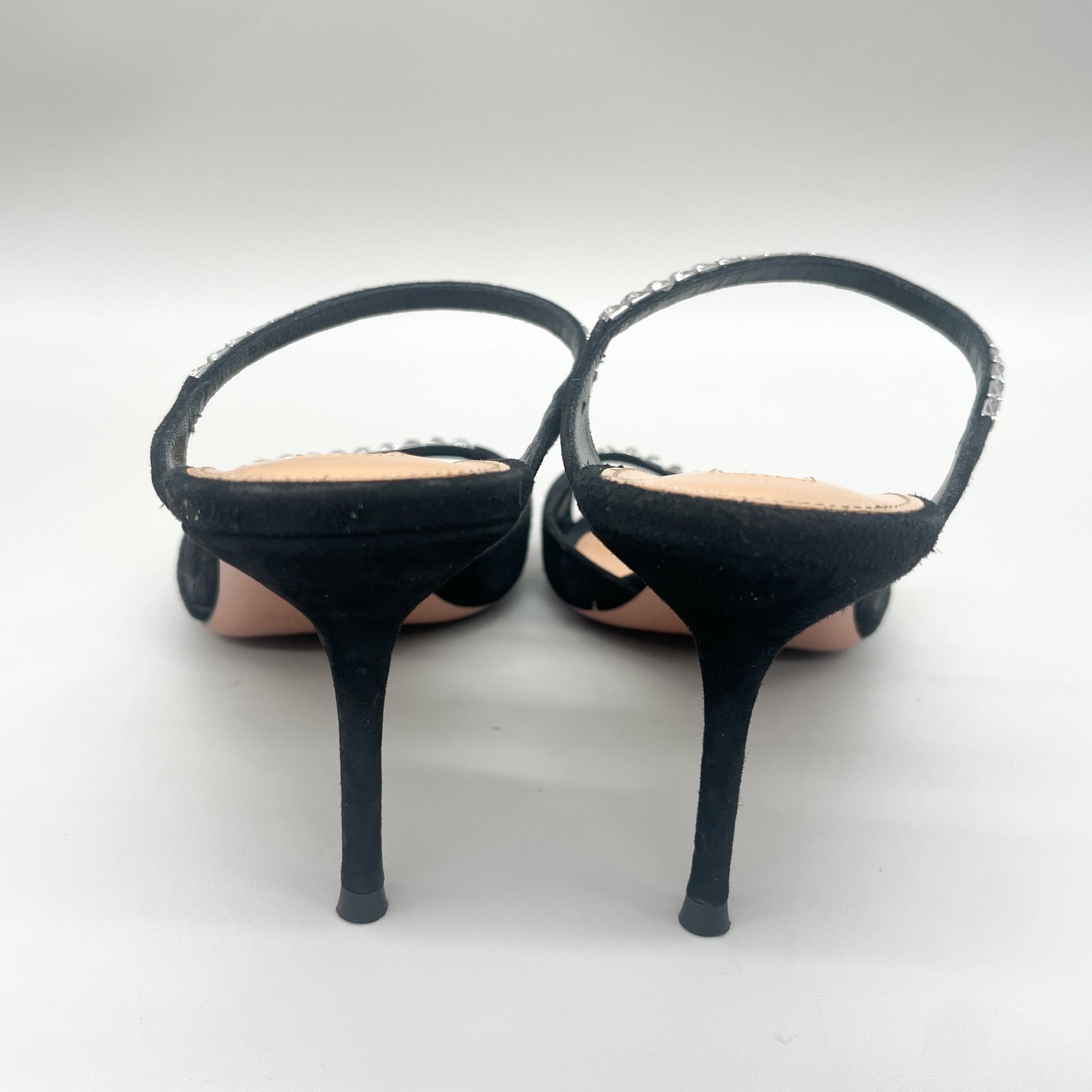 Aquazzura Diamante 75 Black Suede Crystal Sandals Mules Womens 37.5 Wedding Glam