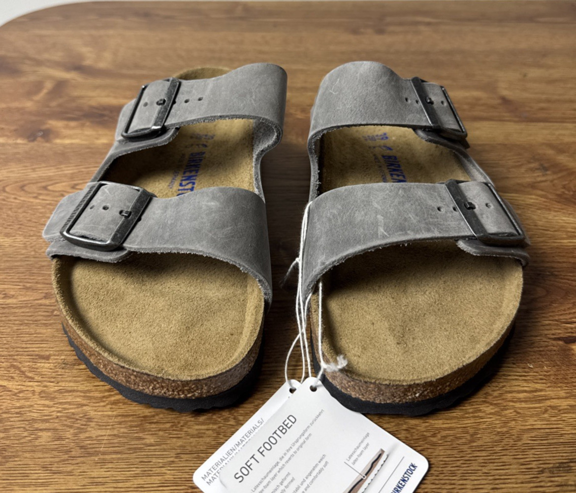 Birkenstock Sandals Unisex Arizona Iron Oiled Leather Slides Soft Footbed M6 W8