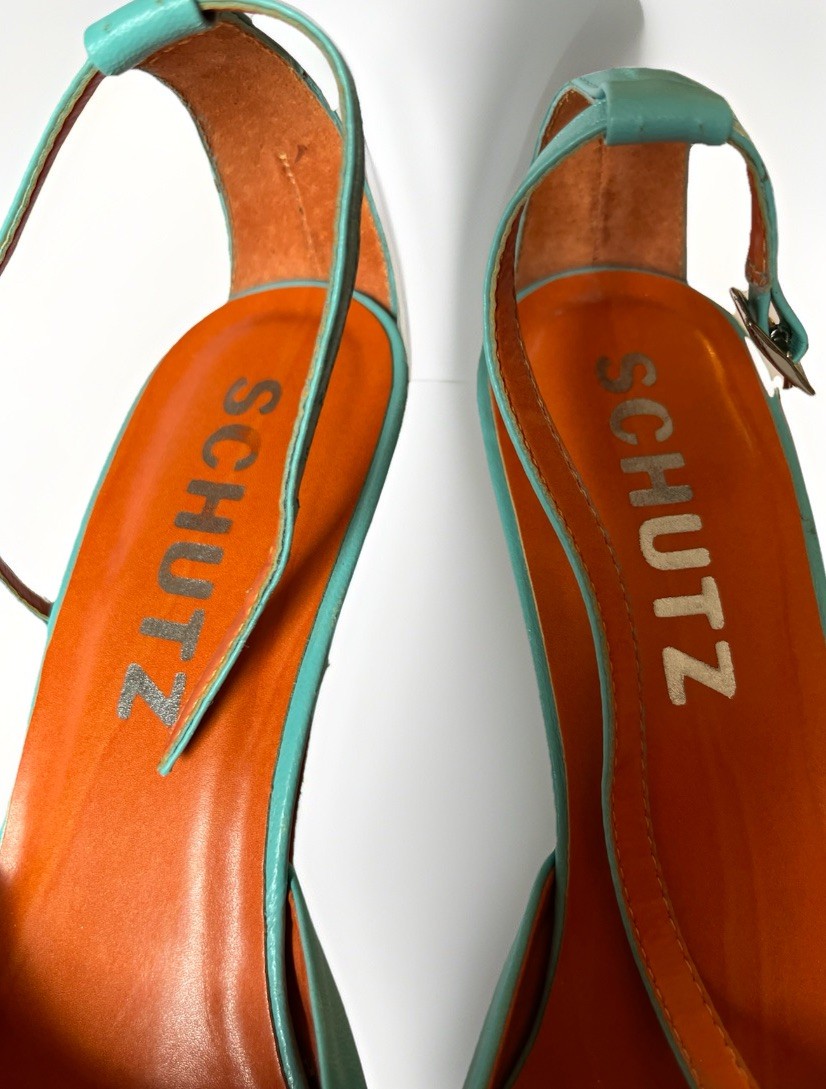 Anthropologie Schutz Women’s Heels Size 9 B Leather Turquoise Made in Brazil